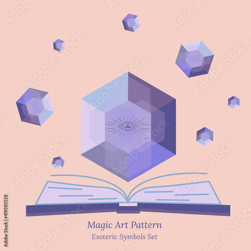 Magic crystal template for spiritual session, fortune telling and magic book. Faceted crystal glows with facets, opens third eye. Vector drawing in warm soft pastel colors.