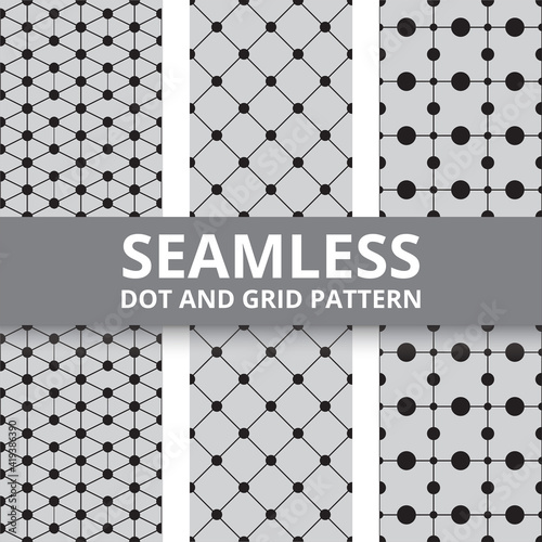 Set of black and white dot and grid seamless pattern