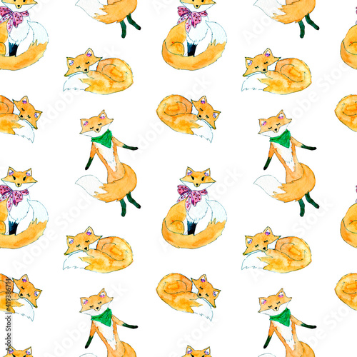 Baby foxes cute watercolor hand drawn design on white background seamless pattern © Анастасия Якушева