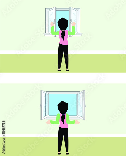 Vector Illustration of Opening and Closing a Window, Character Set for the Animation Education