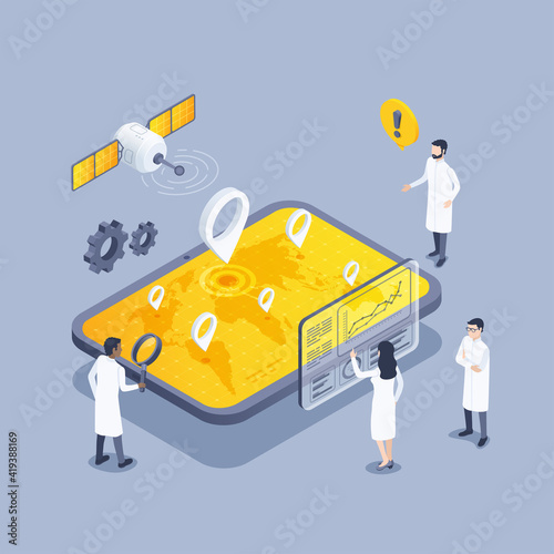 isometric vector illustration on gray background, satellite over the world map on tablet screen and people in lab coats study data, monitoring laboratory