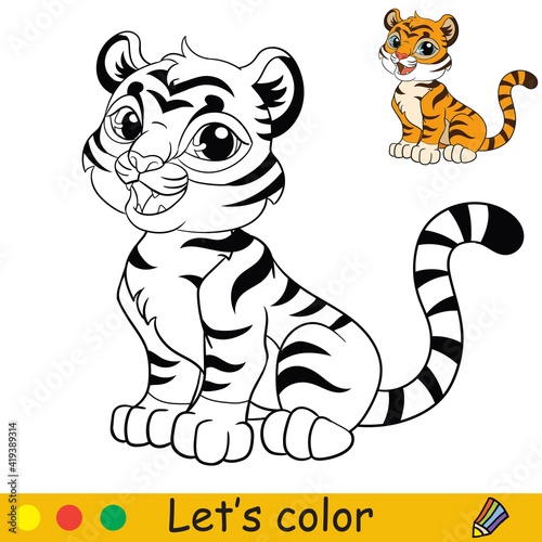 Fototapeta Naklejka Na Ścianę i Meble -  Cute sitting tiger coloring with colorful template vector