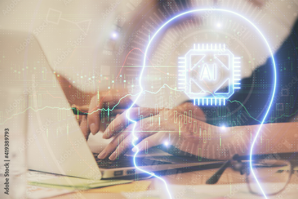 Multi exposure of woman hands working on computer and brain hologram drawing. Ai concept. Multi exposure of woman hands working on computer and brain hologram drawing. Ai concept.