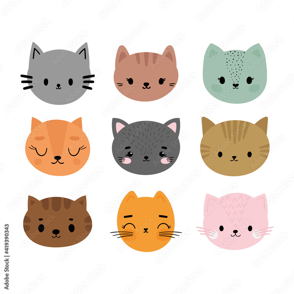 Fototapeta premium Adorable cats. Set of cute cartoon animals portraits. Fits for designing baby clothes. Hand drawn smiling characters. Happy animal