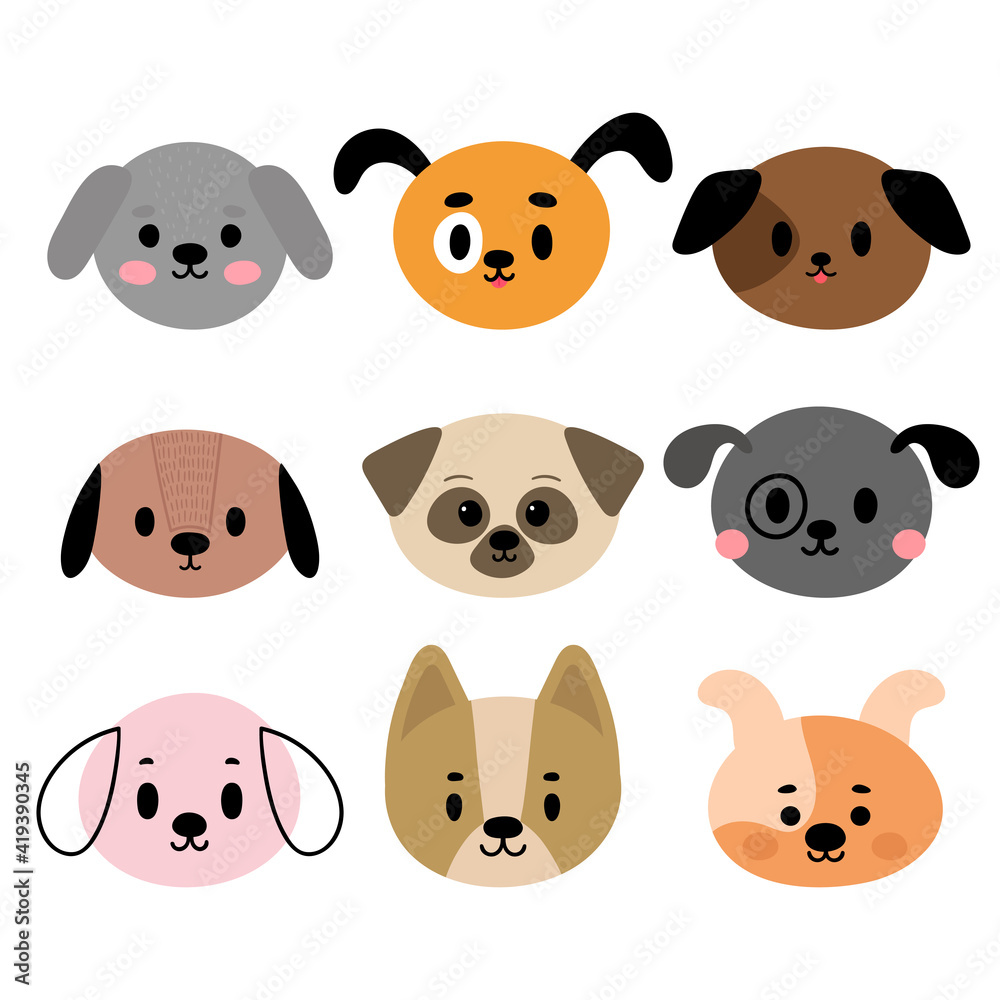 Obraz premium Adorable dogs. Set of cute cartoon animals portraits. Fits for designing baby clothes. Hand drawn smiling characters. Happy animal