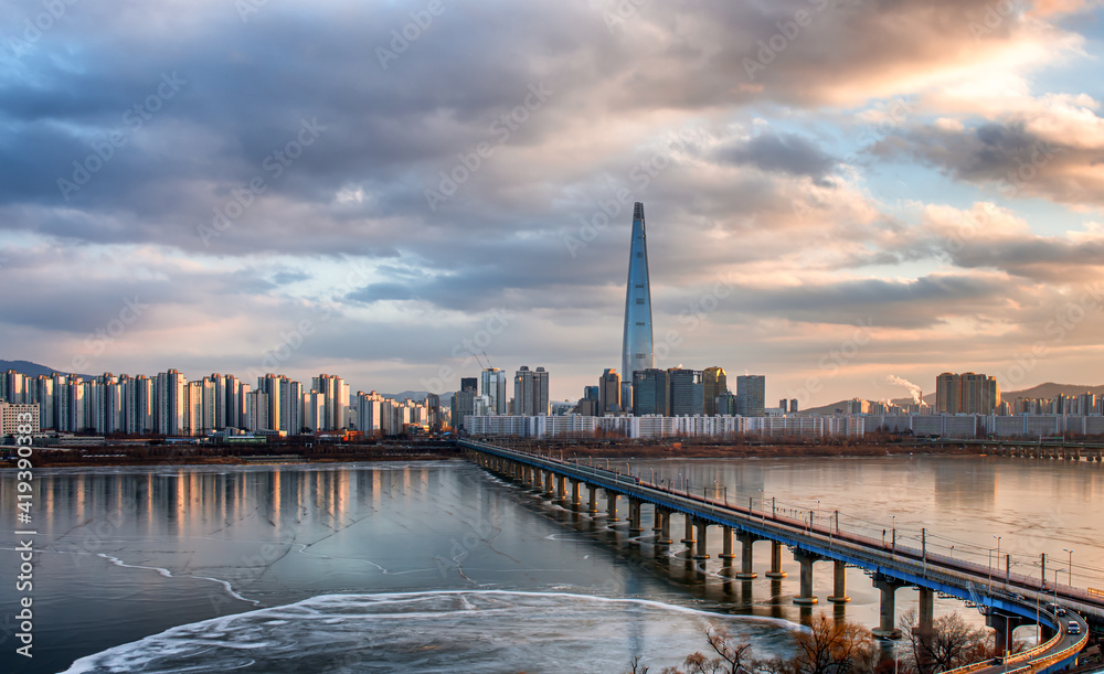 sunset over the river Seoul, South Korea.