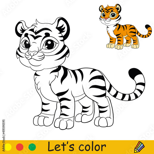 Cute standing tiger coloring with colorful template vector