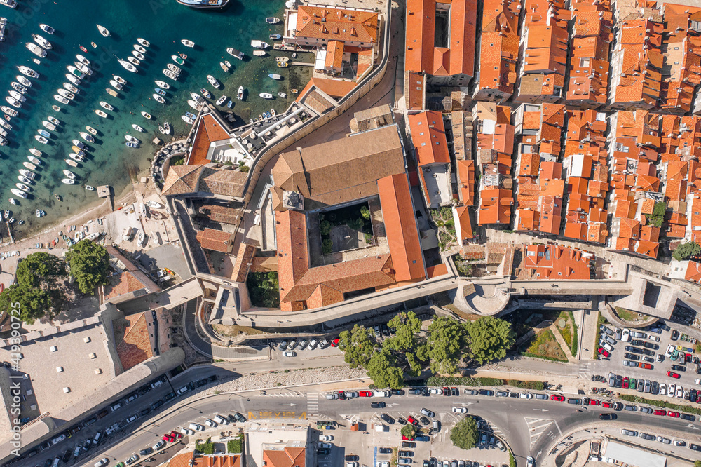 Fototapeta premium Aerial overhead drone shot of Dubrovnik old town Dominic Monastery in city wall in Croatia summer