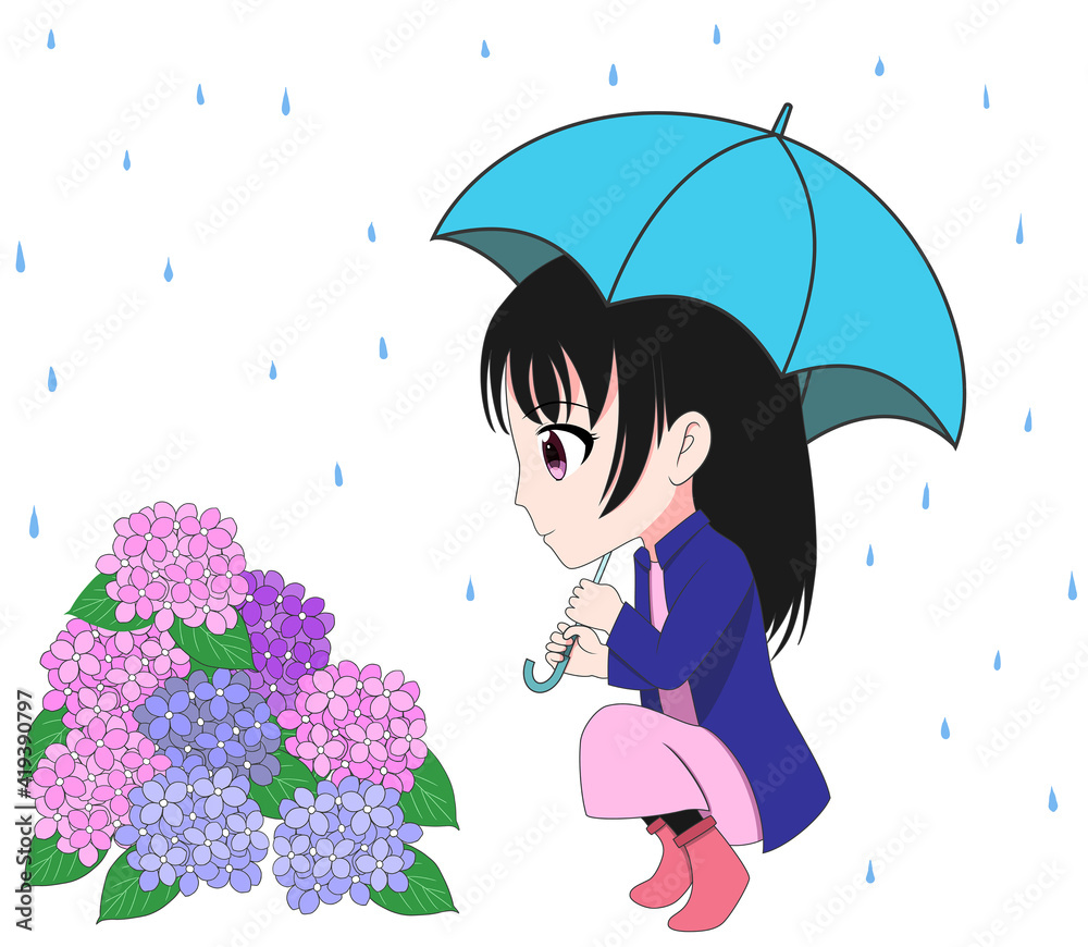 傘をさして紫陽花を眺めている女の子 Stock Illustration Adobe Stock