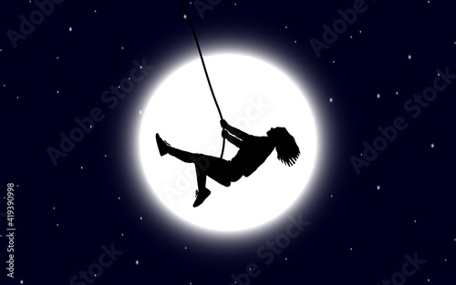vector illustration image of a black silhouette of a girl with loose hair swinging on a swing against the background of the big moon and the night starry sky
