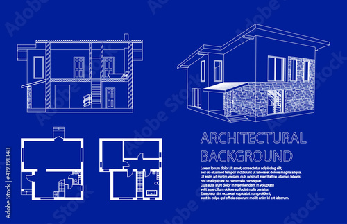 Perspective 3D, floor plan and cross section suburban house. Drawing of the modern building. Cottage project on blue background. Vector architectural blueprint.