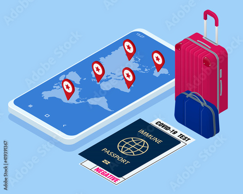 Business trip banner with passport, tickets, smartphone and credit card. COVID-19 Immunity Passport, immunity certificate, vaccination certificate. Air travel concept