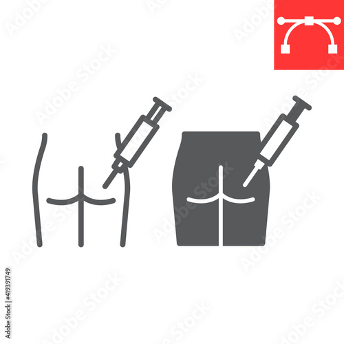 Intramuscular injection line and glyph icon, vaccination and syringe, buttock injection vector icon, vector graphics, editable stroke outline sign, eps 10.