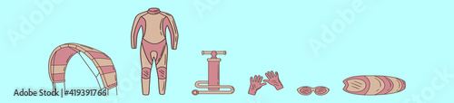 set of kite surfing element cartoon icon design template with various models. vector illustration isolated on blue background