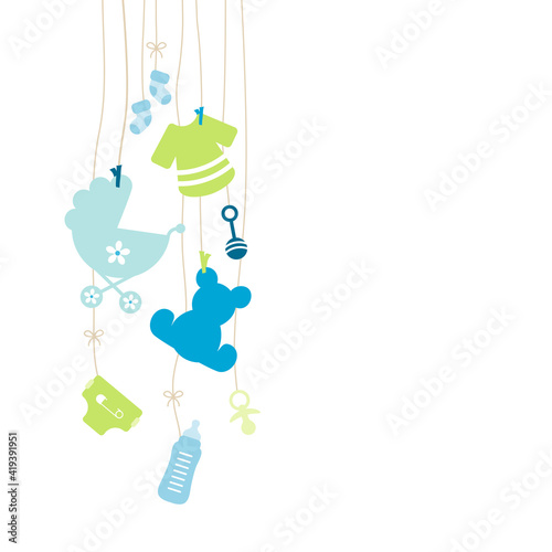 Links Hängende Babysymbole Junge Blau Grün