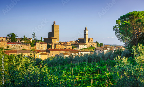 Vinci, Leonardo birthplace, village skyline, vineyards and olive trees. Florence, Tuscany Italy