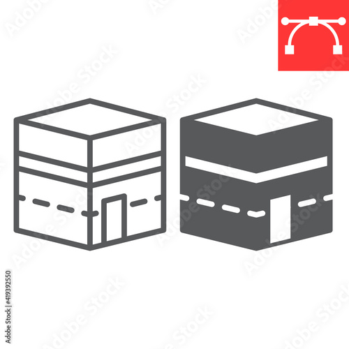 Kaaba Mecca line and glyph icon, happy ramadan and makkah, Mecca building vector icon, vector graphics, editable stroke outline sign, eps 10.