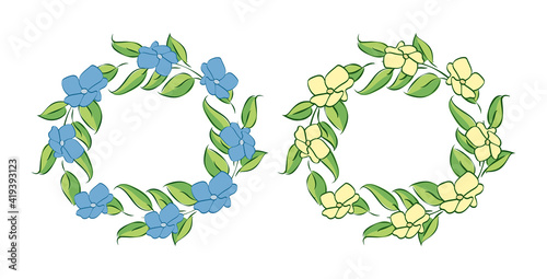 Vector illustration of round blue flower wreath with cute leaves.Spring, summer. Composition for greeting and visit cards, posters, invitations, art prints, baby shower, wedding, banners, logo. 