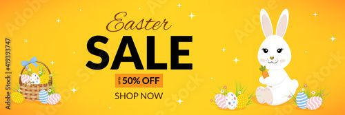 Easter sale banner with eggs, white bunny, basket and flowers.