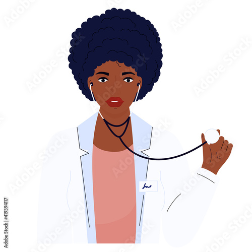 Female doctor. African American woman in a white gown. Hospital staff
