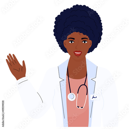 Female doctor. African American woman in a white gown. Hospital staff