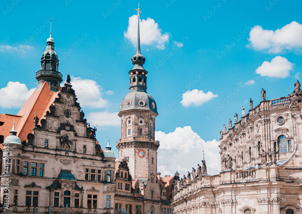 City center of Dresden, Germany, with historic buildings. The towers of the old town 