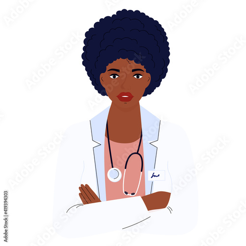Female doctor. African American woman in a white gown. Hospital staff