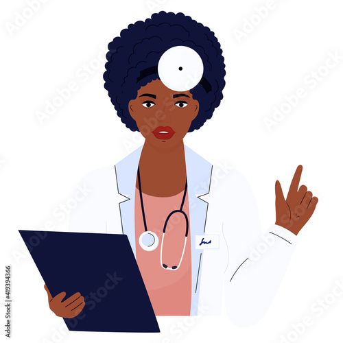 Female doctor. African American woman in a white gown. Hospital staff