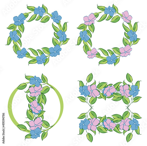 Vector illustration of round blue and pink flower wreath with cute leaves.Frame.Spring, summer. Composition for greeting and visit cards, posters, invitations, art prints, wedding, banners, logo