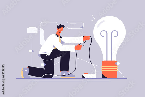 Guy with smart idea vector illustration. Man connect wire to lightbulb flat style. Generation of innovative ideas, creative thought, creativity and imagination concept. Isolated on grey background