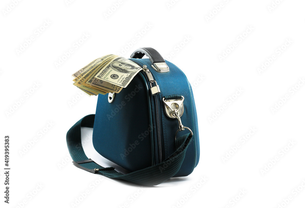 American dollars in small handbag as symbol of wealth isolated on white background American dollars in small handbag as symbol of wealth isolated on white background