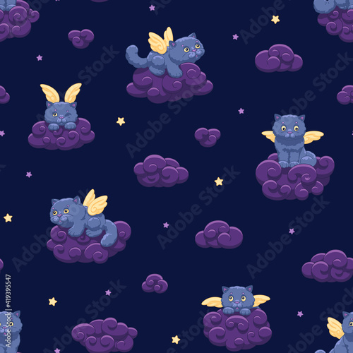Seamless vector pattern of cute fluffy winged kittens on the background of the night sky with stars and clouds, child's drawing for wallpaper and fabric