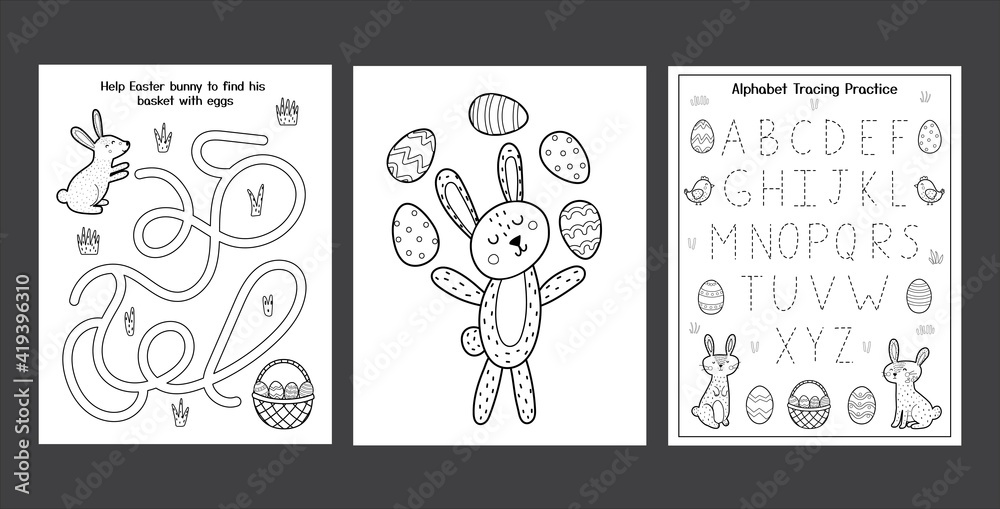 Easter Worksheets set with cute bunnies. Black and white spring activity pages collection for kids. Coloring page with rabbit and eggs. Easter alphabet tracing. Vector illustration Easter Worksheets set with cute bunnies. Black and white spring activity pages collection for kids. Coloring page with rabbit and eggs. Easter alphabet tracing. Vector illustration