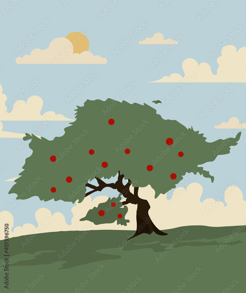 Vector illustration of sacura and nature landscape.Cherry blossom.View of green meadow on hill.Pink sky and tree.Spring.Summer.Flat cartoon style.Background for posters, banners, design elements.June. Vector illustration of sacura and nature landscape.Cherry blossom.View of green meadow on hill.Pink sky and tree.Spring.Summer.Flat cartoon style.Background for posters, banners, design elements.June.