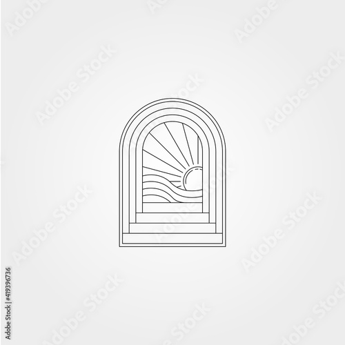line art door logo vector design with ocean wave icon symbol illustration design