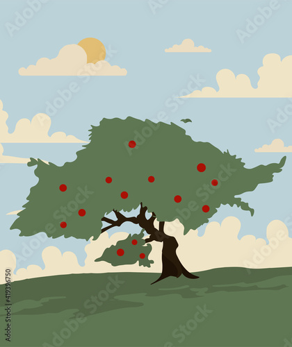 Vector illustration of sacura and nature landscape.Cherry blossom.View of green meadow on hill.Pink sky and tree.Spring.Summer.Flat cartoon style.Background for posters, banners, design elements.June.