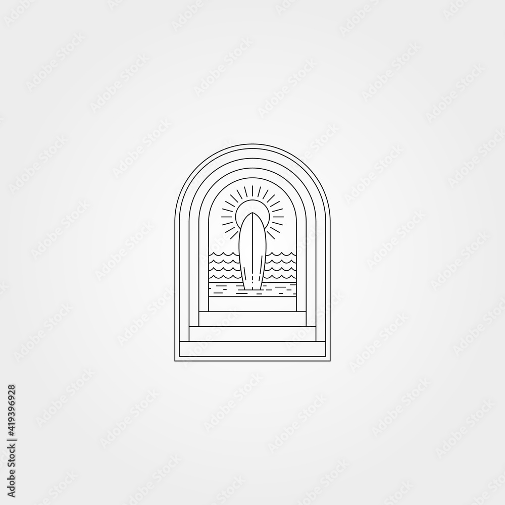 tropical beach surf vector logo symbol with door line art illustration design tropical beach surf vector logo symbol with door line art illustration design