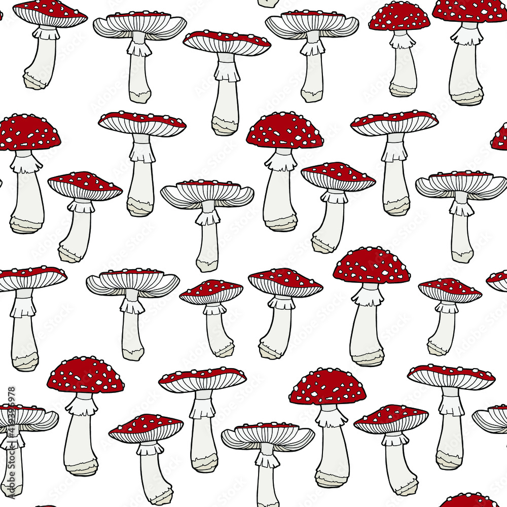 Seamless background. Colored fly agarics of different shapes and sizes isolated on white background. Autumn pattern. Seamless background. Colored fly agarics of different shapes and sizes isolated on white background. Autumn pattern.