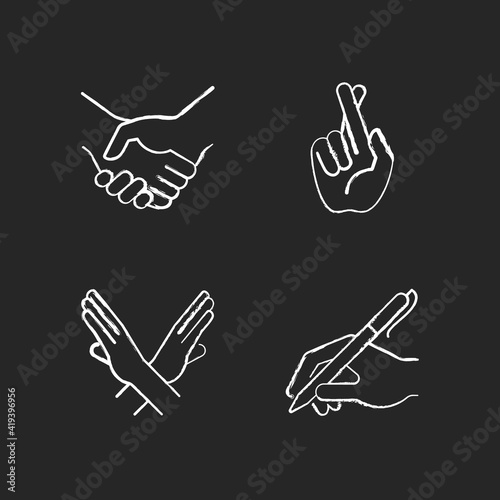 Hand gestures chalk white icons set on black background. Business deal, handshake. Crossed arms and fingers. Body language. Mutually beneficial deal. Isolated vector chalkboard illustrations