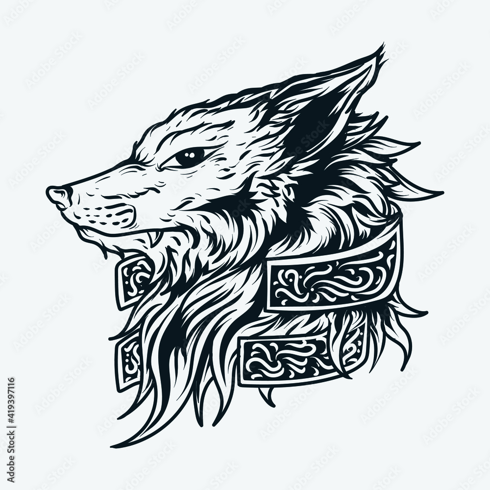 Fototapeta premium tattoo and t-shirt design black and white hand drawn wolf engraving ornament