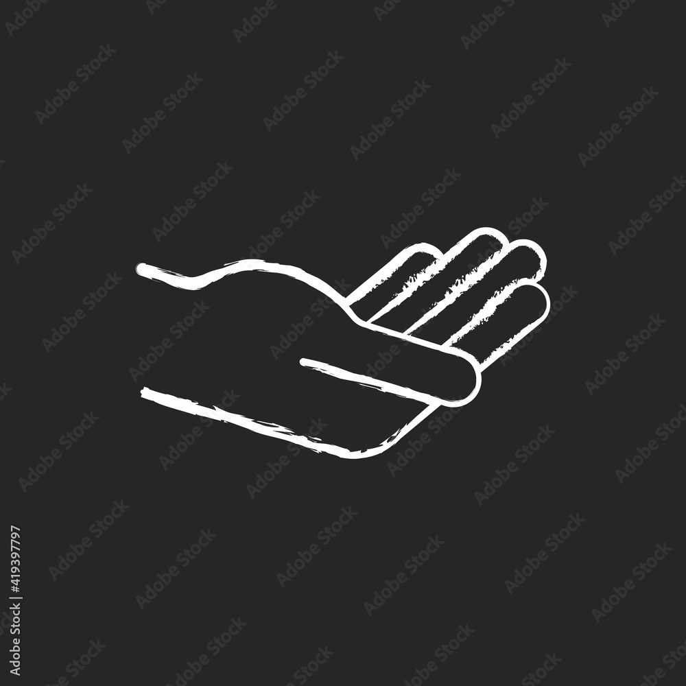 Obraz premium Hand holding something chalk white icon on black background. Human palm birchily supports the object. Free palm space for objects insertion. Isolated vector chalkboard illustration