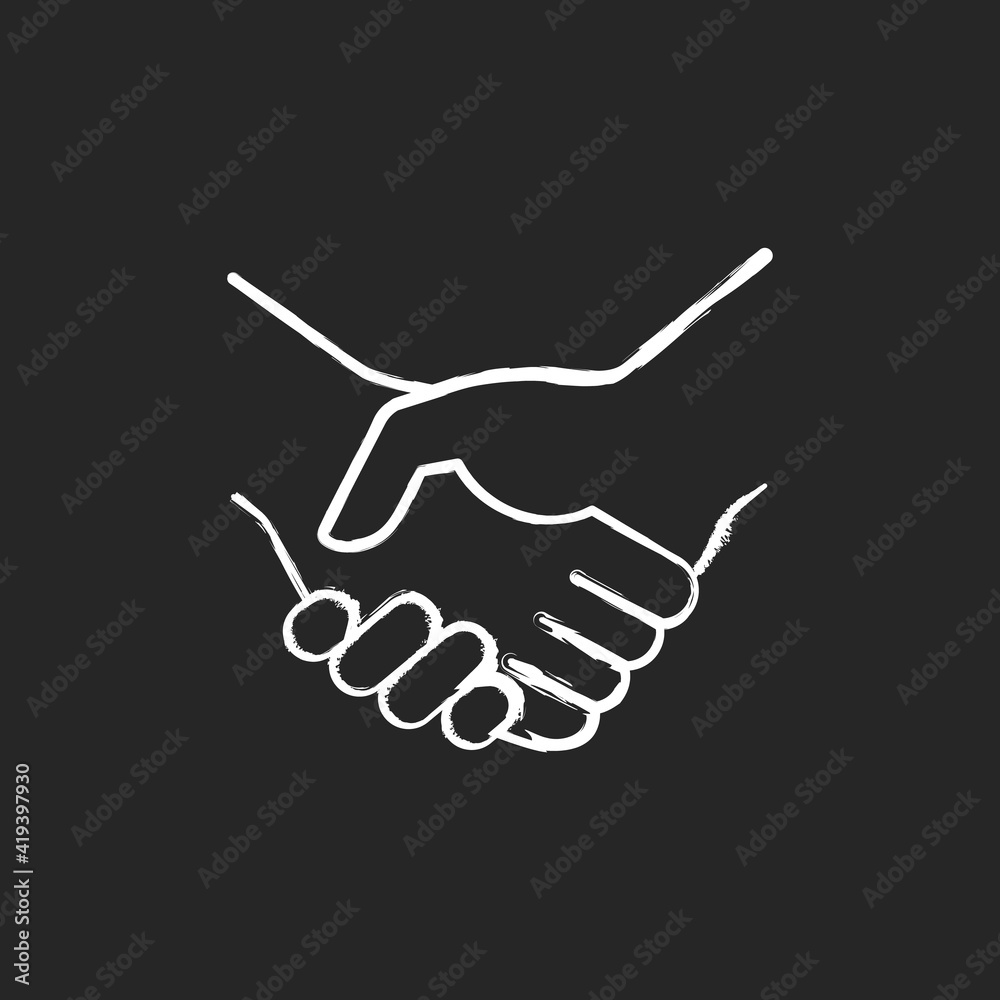 Handshake chalk white icon on black background. Successful business deal. Partnerships. Mutually beneficial deal. Reaching agreement. Gesture of courtesy. Isolated vector chalkboard illustration Handshake chalk white icon on black background. Successful business deal. Partnerships. Mutually beneficial deal. Reaching agreement. Gesture of courtesy. Isolated vector chalkboard illustration
