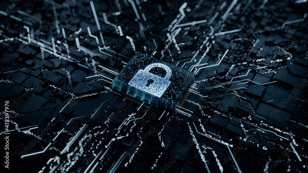 Security Technology Concept with lock symbol on a Microchip. Data flows ...