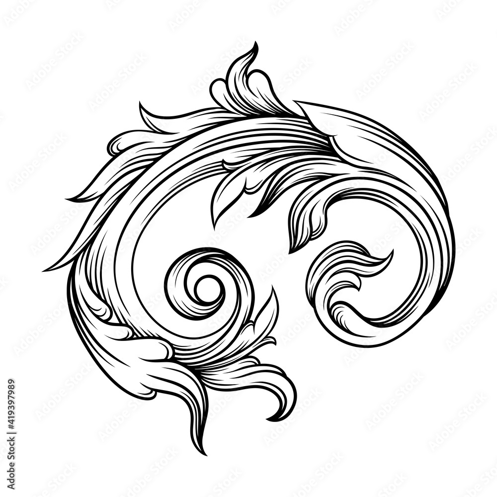 Scroll as Baroque Element with Arabesque and Flourish Motif Vector Illustration Scroll as Baroque Element with Arabesque and Flourish Motif Vector Illustration