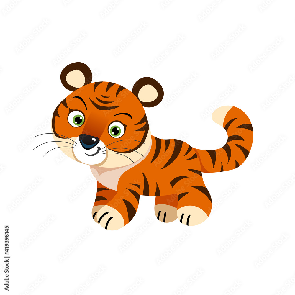 Cute little tiger. Chinese 2022 year symbol. Year of tiger. Cartoon mascot. Smiling adorable character. Vector illustration isolated on white background.