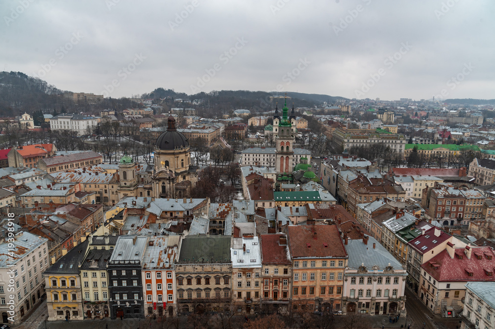 Lviv bird's-eye view of from of the City Hall Ratusha. General view from the roof. View from the roof of the City Hall Lvov cityscape.