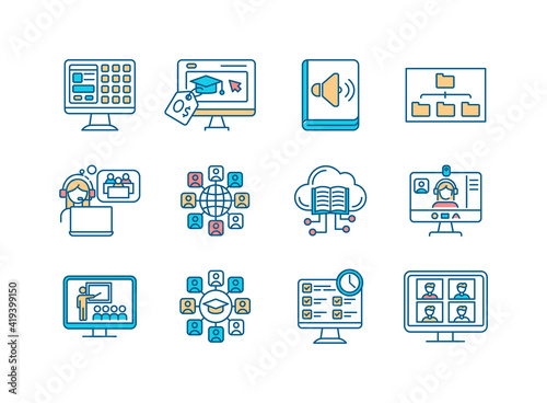 Distance learning RGB color icons set. Free online course. Audiobook, e-book. Virtual class session. Application programs. International community. Digital curriculum. Isolated vector illustrations