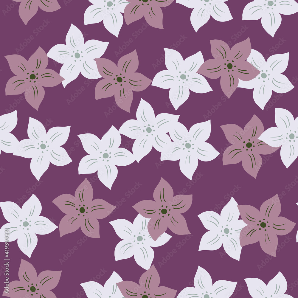 Blossom seamless pattern with hand drawn random tropic flowers shapes. Purple pastel background. Blossom seamless pattern with hand drawn random tropic flowers shapes. Purple pastel background.
