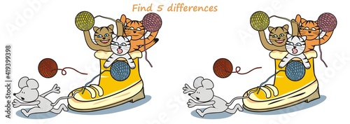 Find five differences, cats at shoe and mouse, vector humorous illustration