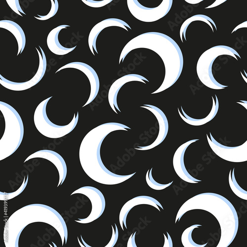 Crescent moon vector elements different sized irregular seamless repeat pattern with black background.